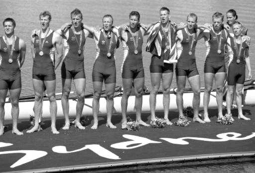Kieran West and the GB Team with their Gold Medals at the 2000 Olympics