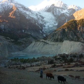 The lake and glacier of Gangapurna (7454m) above the Tibetan village of Manang. This village marks the first acclimatisation stop before venturing higher.