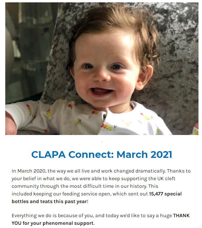 A baby with brown hair and a white and caterpillar babygrow sits on a velvet sofa smiling. Below is blue text reading 'CLAPA Connect March 2021' with a thank you message to CLAPA's supporters.