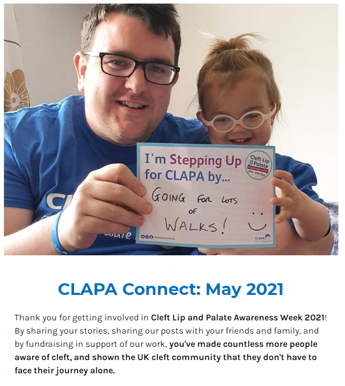 A screenshot of a photo of a man and young child holding up a 'Step Up for CLAPA' postcard. They are both wearing blue CLAPA t-shirts. In blue text below reads: 'CLAPA Connect: May 2021'