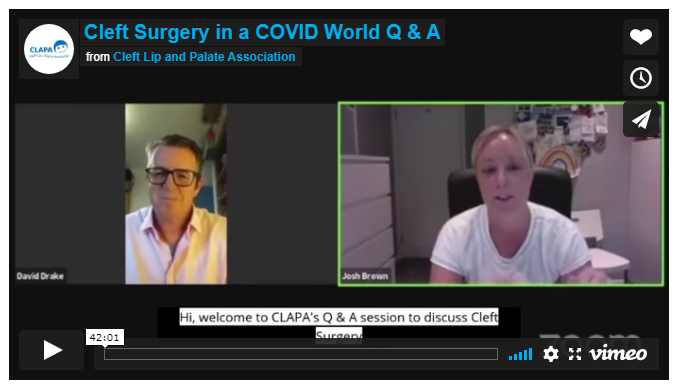 A screenshot of two people on Zoom with the title: 'Cleft Surgery in a COVID World Q & A'