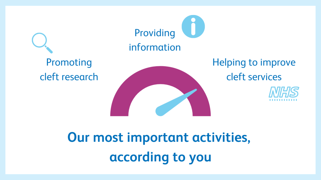 A white background with dark blue text 'our most important activities, according to you' with 'promoting cleft research', 'providing information' and 'helping to improve cleft services'