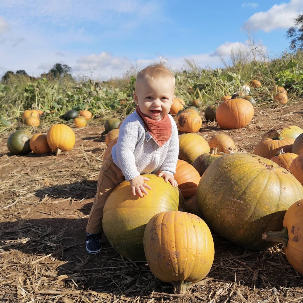 a baby is standing outside and leaning on a large pumpkin, surrounded by lots of pumpkins