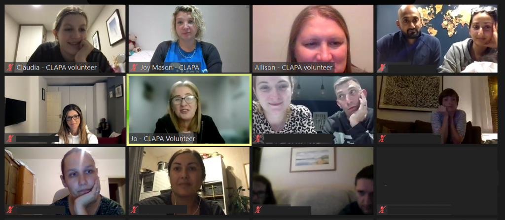 A screenshot of a Zoom screen showing parents and carers from the CLAPA Community together, talking.