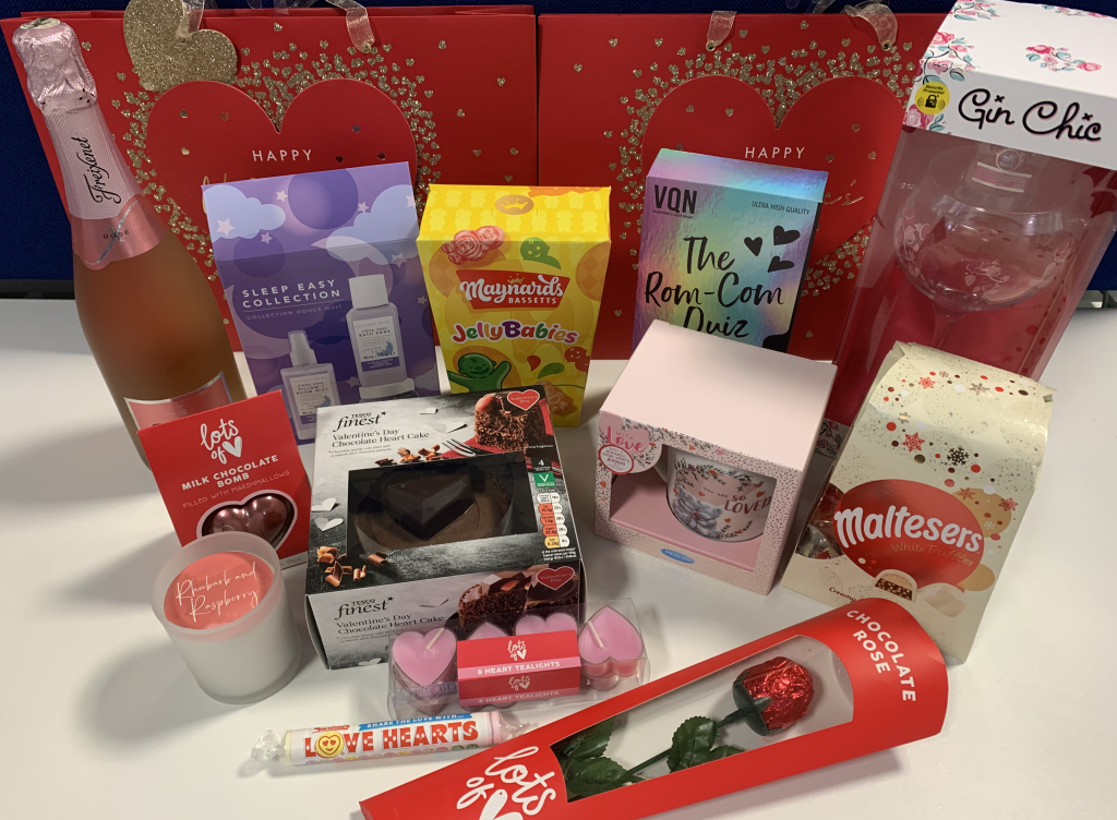 A table with prizes such as sweets and candles