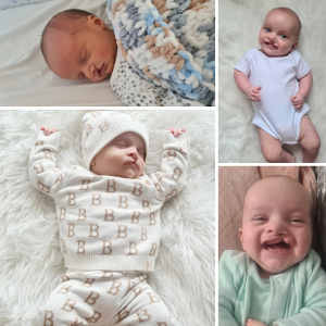 [Image ID: A collage of four photos, a baby with a cleft lip lying down in a cot in a knitted blanket, and baby lying in a white baby grow smiling, a baby lying down asleep wearing a cream outfit and matching hat, a baby wearing a pastel green baby grow smiling.]