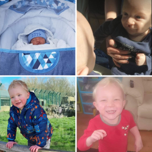 [Image ID: A collage of four photos showing a baby with a cleft lip and palate lying down in a cot, and baby's reflection in a mirror, a toddler post-surgery outside in a blue coat, and a toddler post-surgery wearing a red t-shirt smiling.]