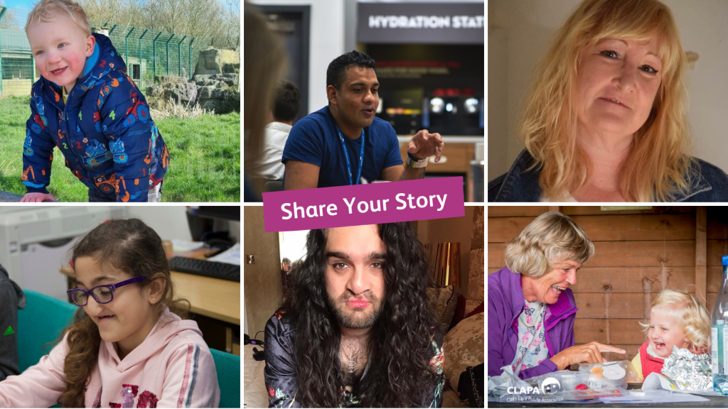 [Image ID: A collage of 6 photos, showing different members of the cleft community smiling. On top of the photo is a pink banner with white text 'Share Your Story'.]