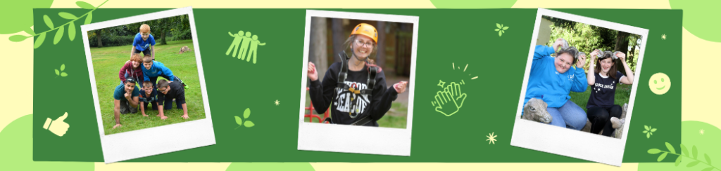 Three polaroid photos of children at a residential weekend. The Polaroids are against a dark green background with light green circles and green leaves.