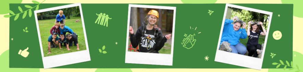 Three polaroid photos of children at a residential weekend. The Polaroids are against a dark green background with light green circles and green leaves.