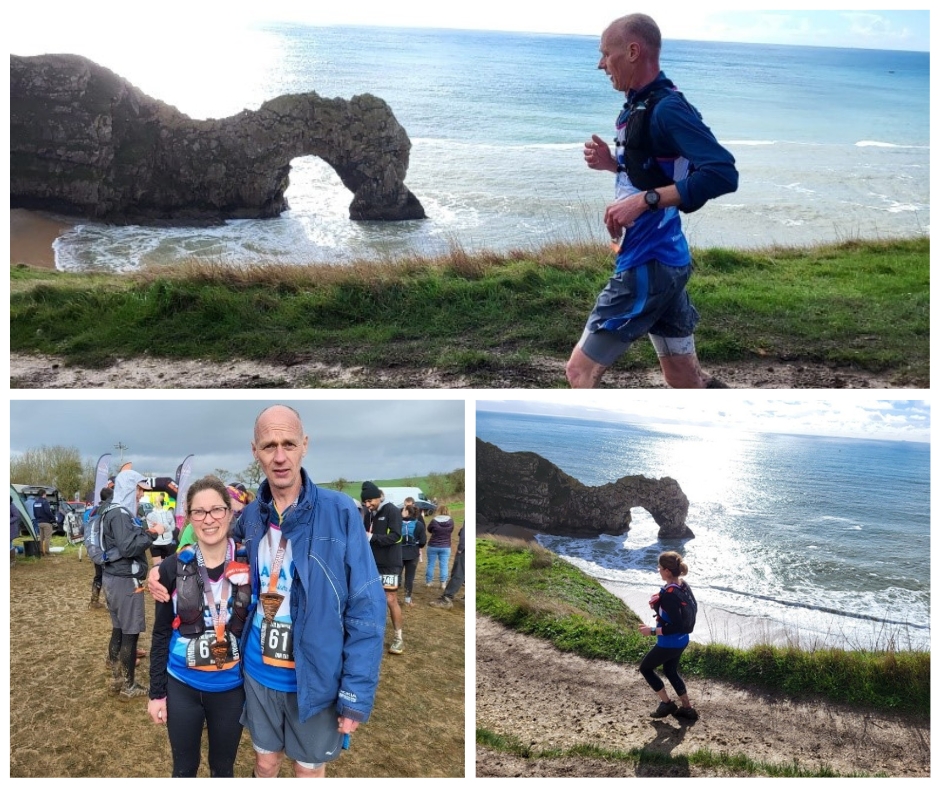 Image of male and female running with scenic background
